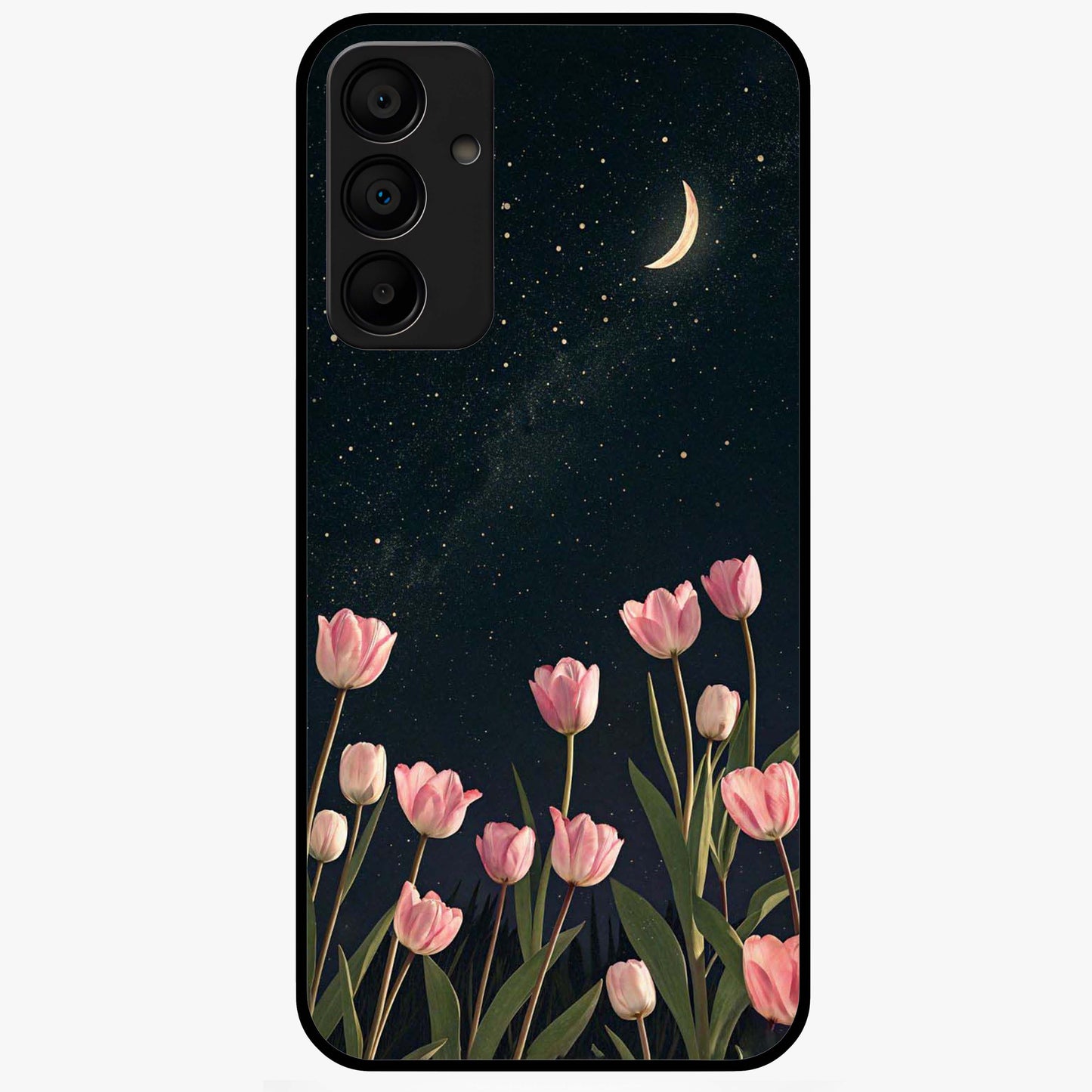 Midnight Tulip Whispers Vibe Glass Case showing flat back view with elegant tulip flower artwork and glossy glass finish.