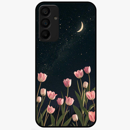 Midnight Tulip Whispers Vibe Glass Case showing flat back view with elegant tulip flower artwork and glossy glass finish.