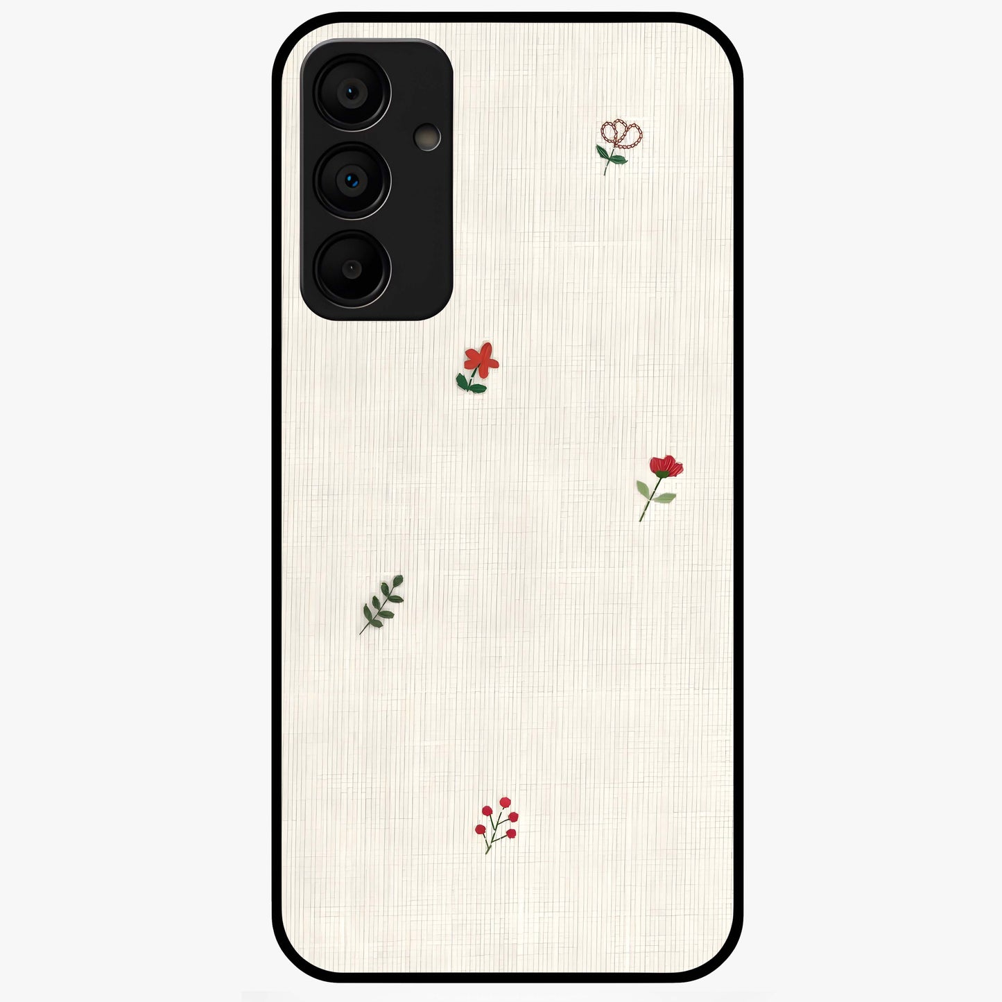 Minimal Petal Whispers Glass Case showing flat back view with soft minimal floral artwork and glossy glass finish.