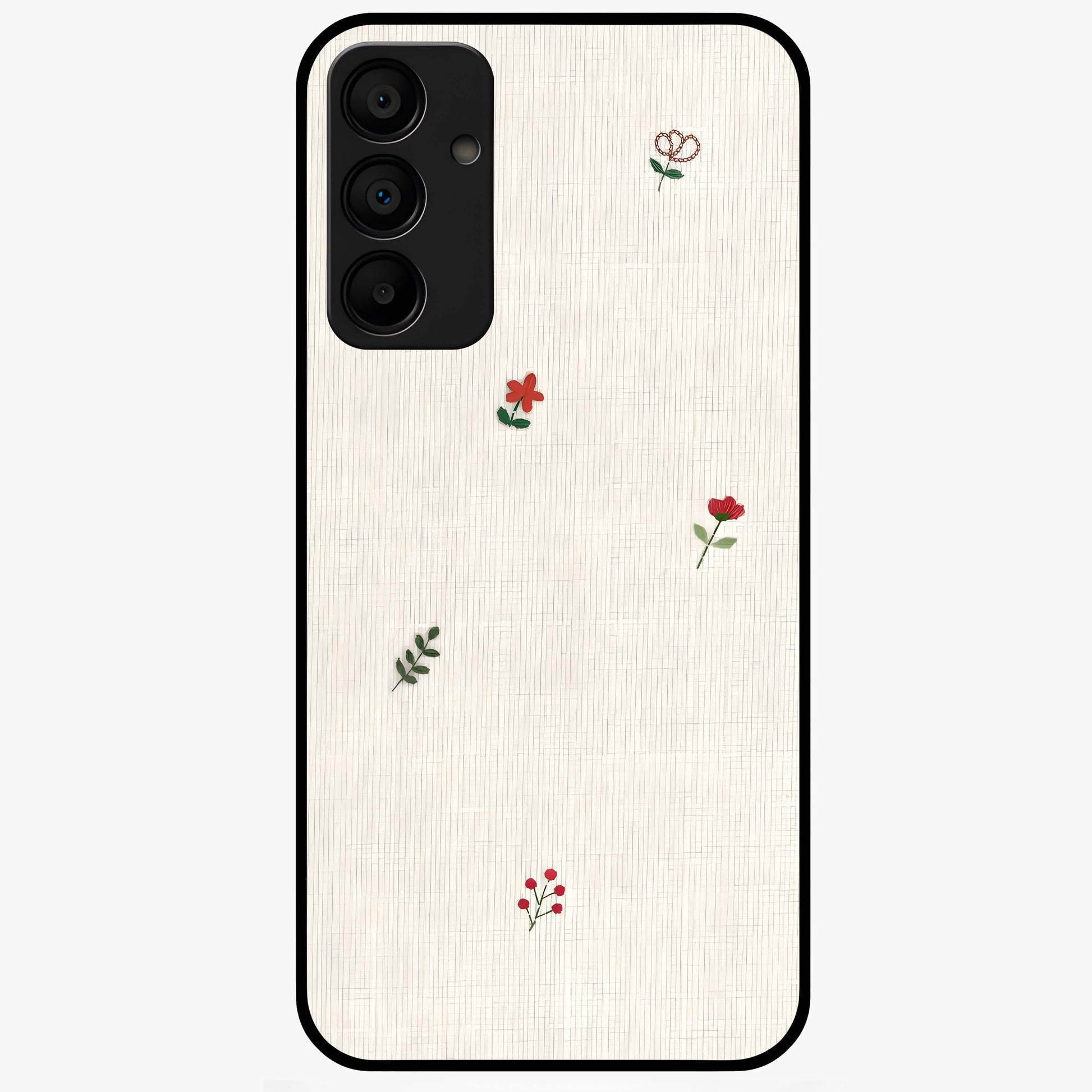 Minimal Petal Whispers Glass Case showing flat back view with soft minimal floral artwork and glossy glass finish.