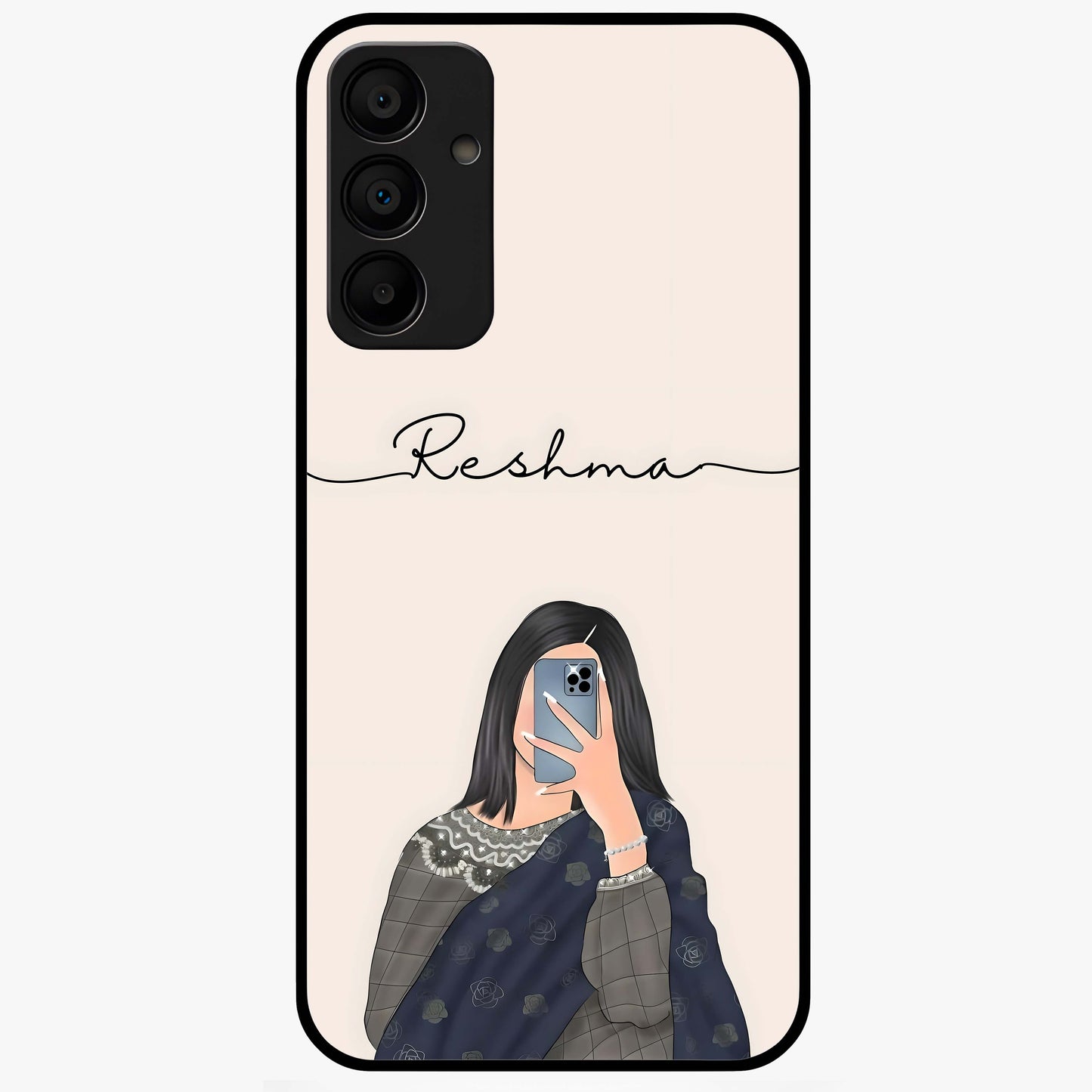 Mirror Mood Muse With Custom Name Glass Case showing flat back view with stylish mirrored artwork and personalized name design.