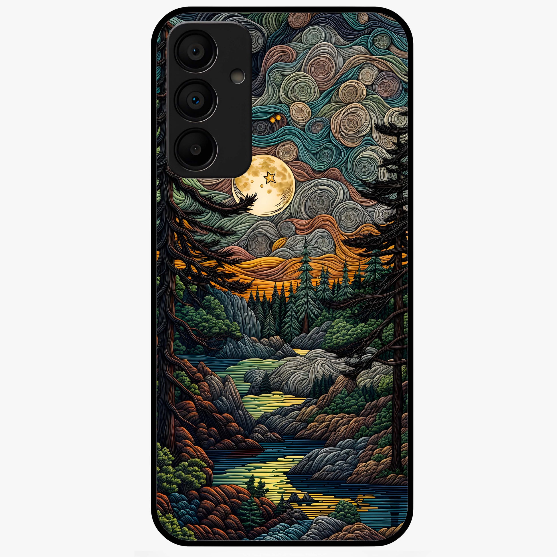 Moonlight Forest Dream Glass Case showing flat back view with mystical forest moonlight artwork and glossy glass finish.