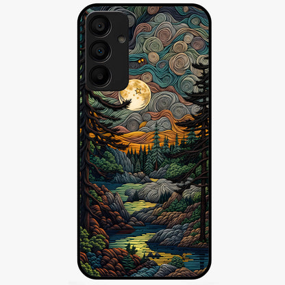 Moonlight Forest Dream Glass Case showing flat back view with mystical forest moonlight artwork and glossy glass finish.