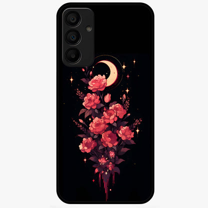 Moonlit Floral Elegance Glass Case showing flat back view with elegant floral artwork under moonlit tones and glossy glass finish.