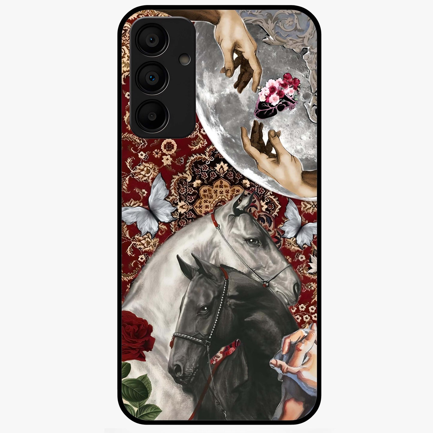 Moonlit Royal Stallion Glass Case showing flat back view with majestic horse under moonlight artwork and glossy glass finish.