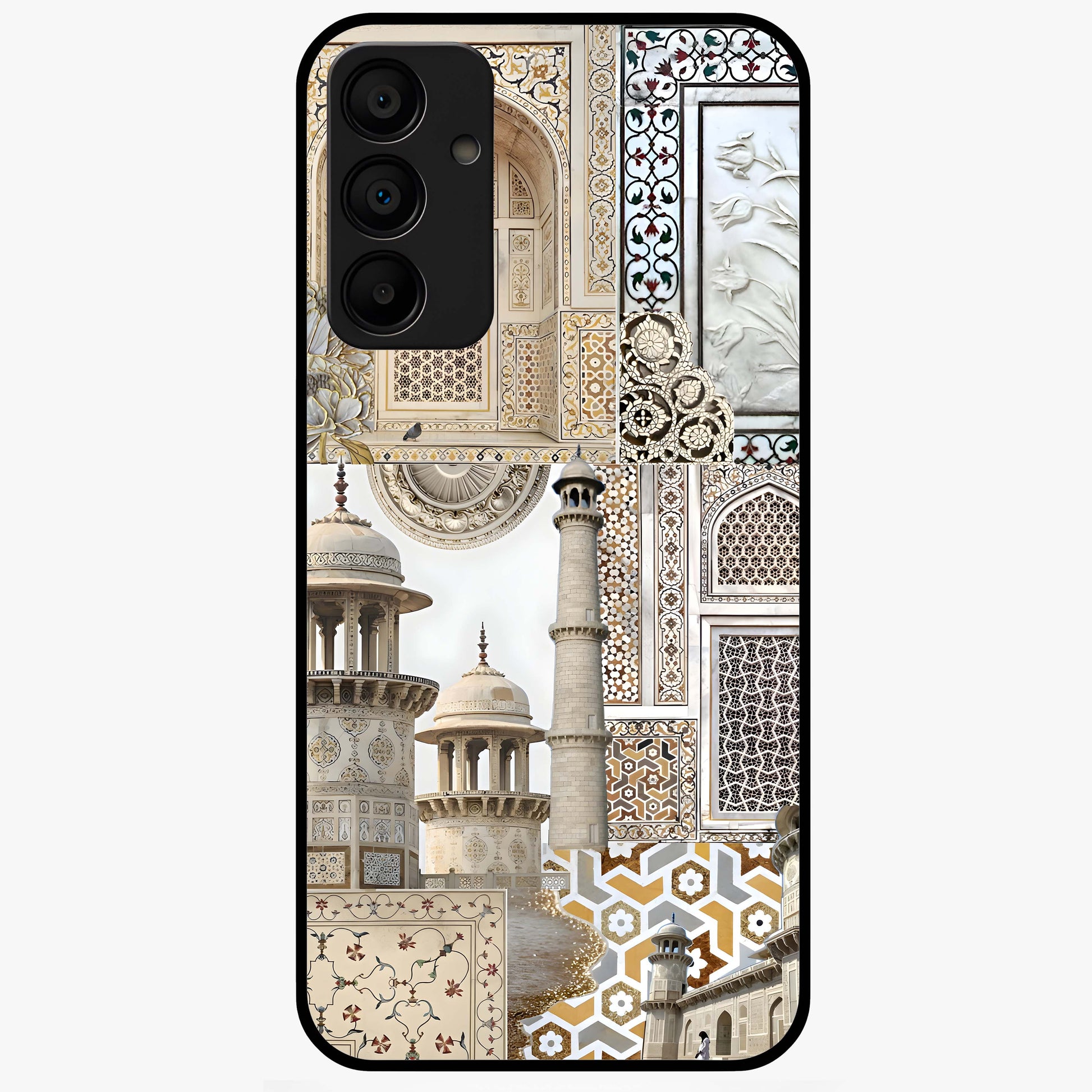 Mughal Marble Legacy Glass Case showing flat back view with intricate Mughal inspired marble pattern and glossy glass finish.