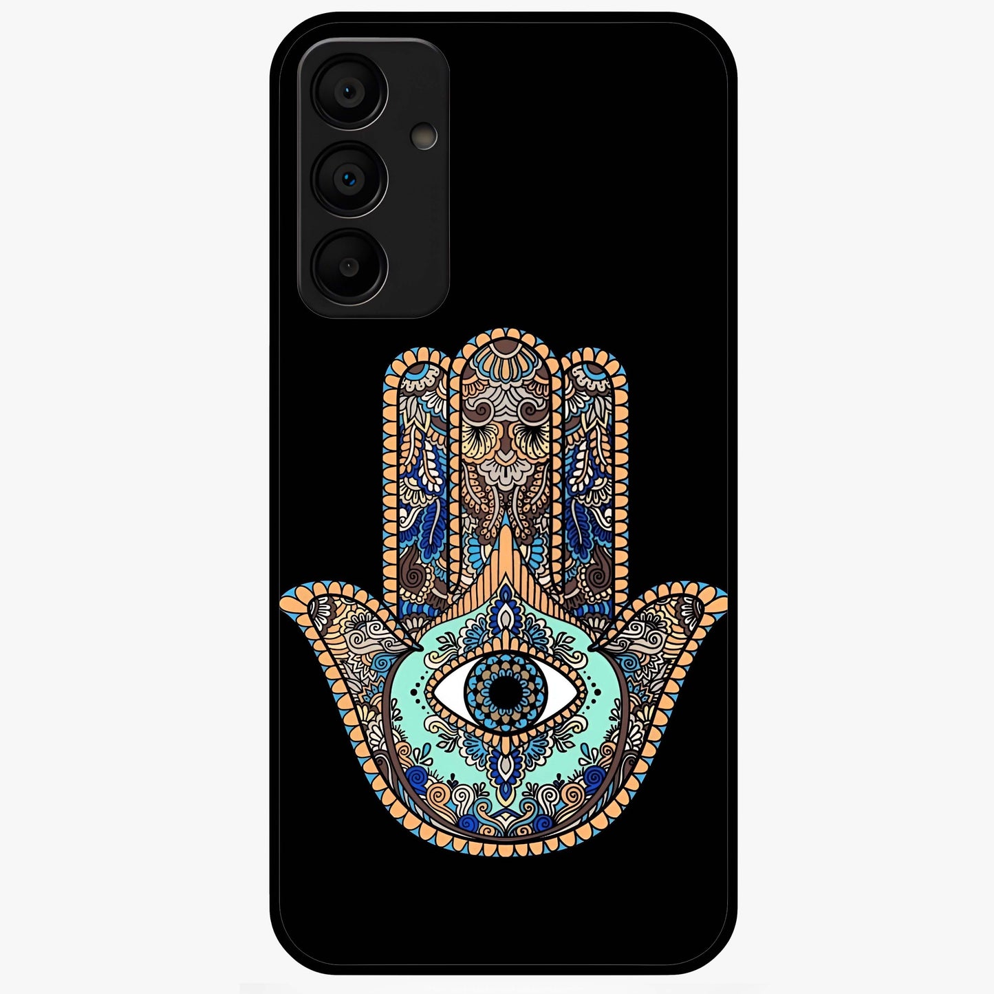 Mystic Hamsa Eye Glass Case showing flat back view with protective hamsa hand and evil eye artwork and glossy glass finish.