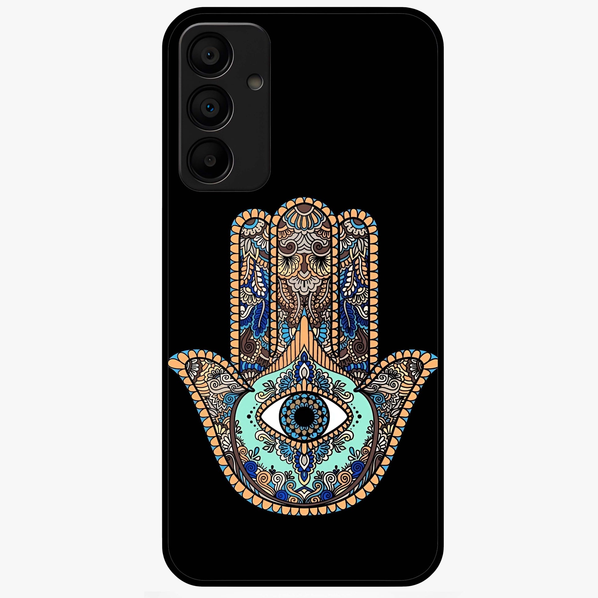 Mystic Hamsa Eye Glass Case showing flat back view with protective hamsa hand and evil eye artwork and glossy glass finish.