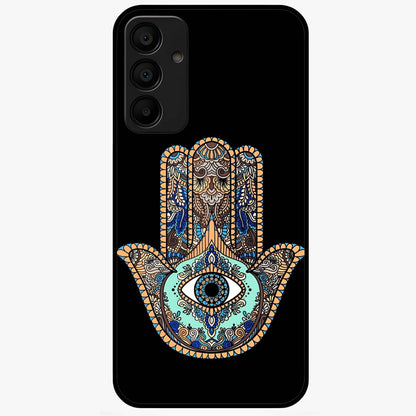 Mystic Hamsa Eye Glass Case showing flat back view with protective hamsa hand and evil eye artwork and glossy glass finish.