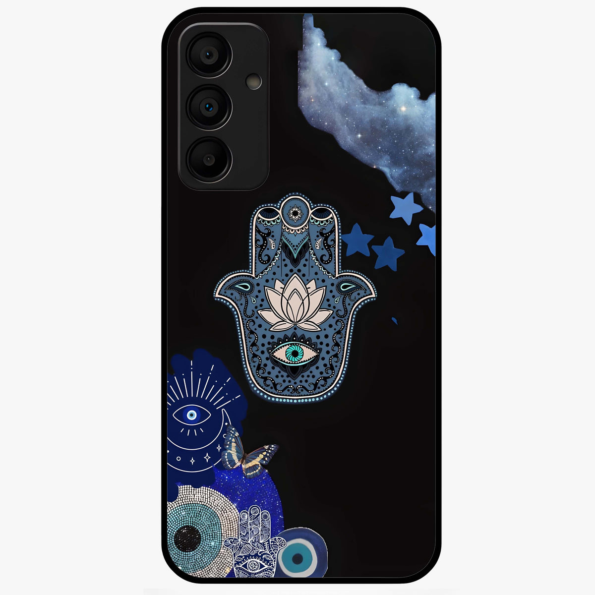 Mystic Hand Aura Glass Case showing flat back view with mystical hand symbol artwork and glossy glass finish.