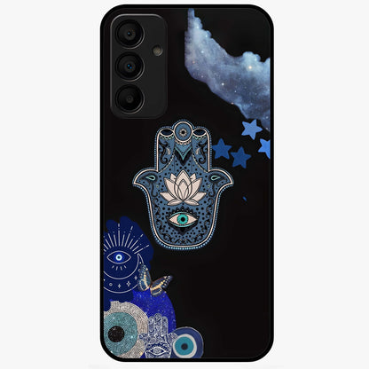 Mystic Hand Aura Glass Case showing flat back view with mystical hand symbol artwork and glossy glass finish.