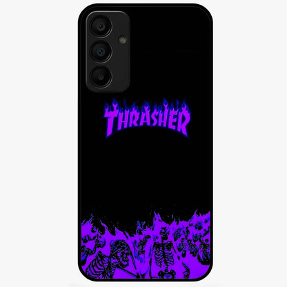 Neon Flame Riot Glass Case showing flat back view with neon flame artwork and glossy glass finish.