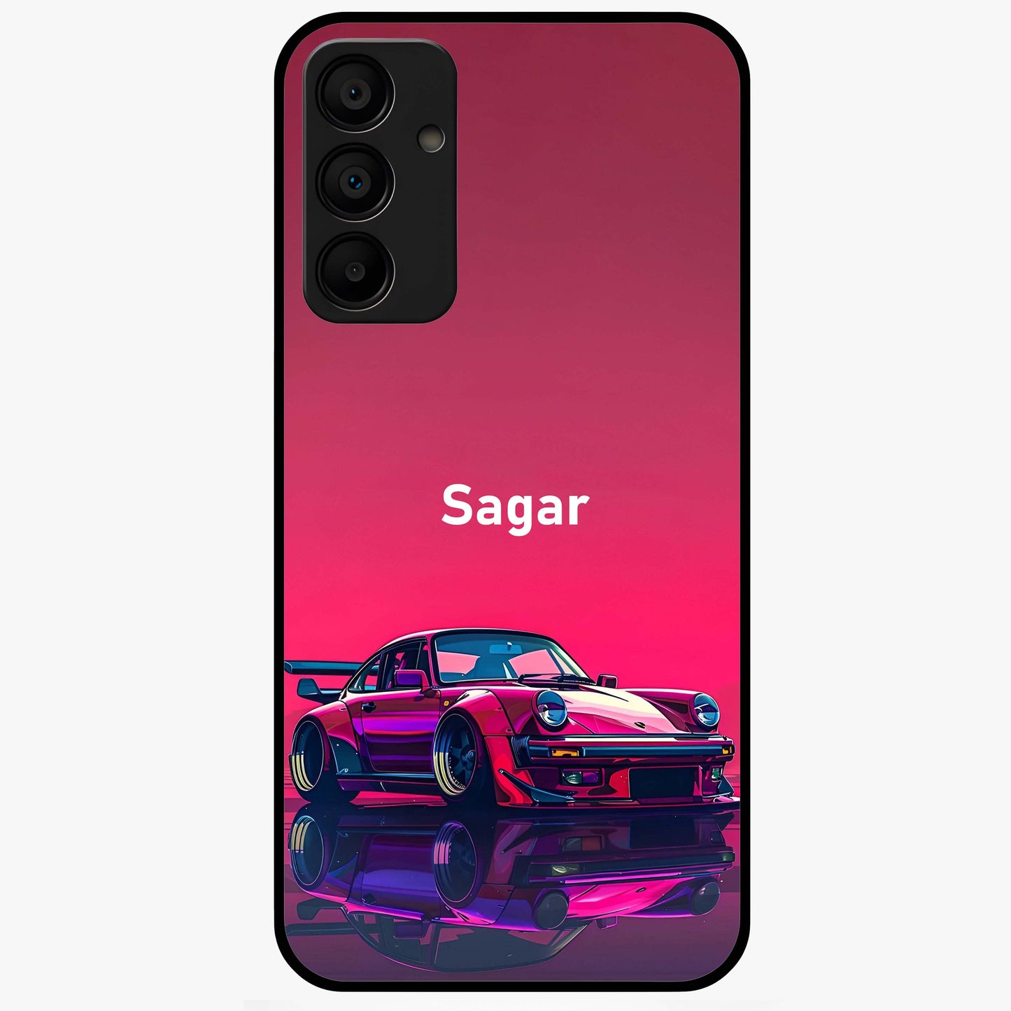 Neon Pink Porsche Glass Case showing flat back view with stylish sports car artwork and glossy glass finish.