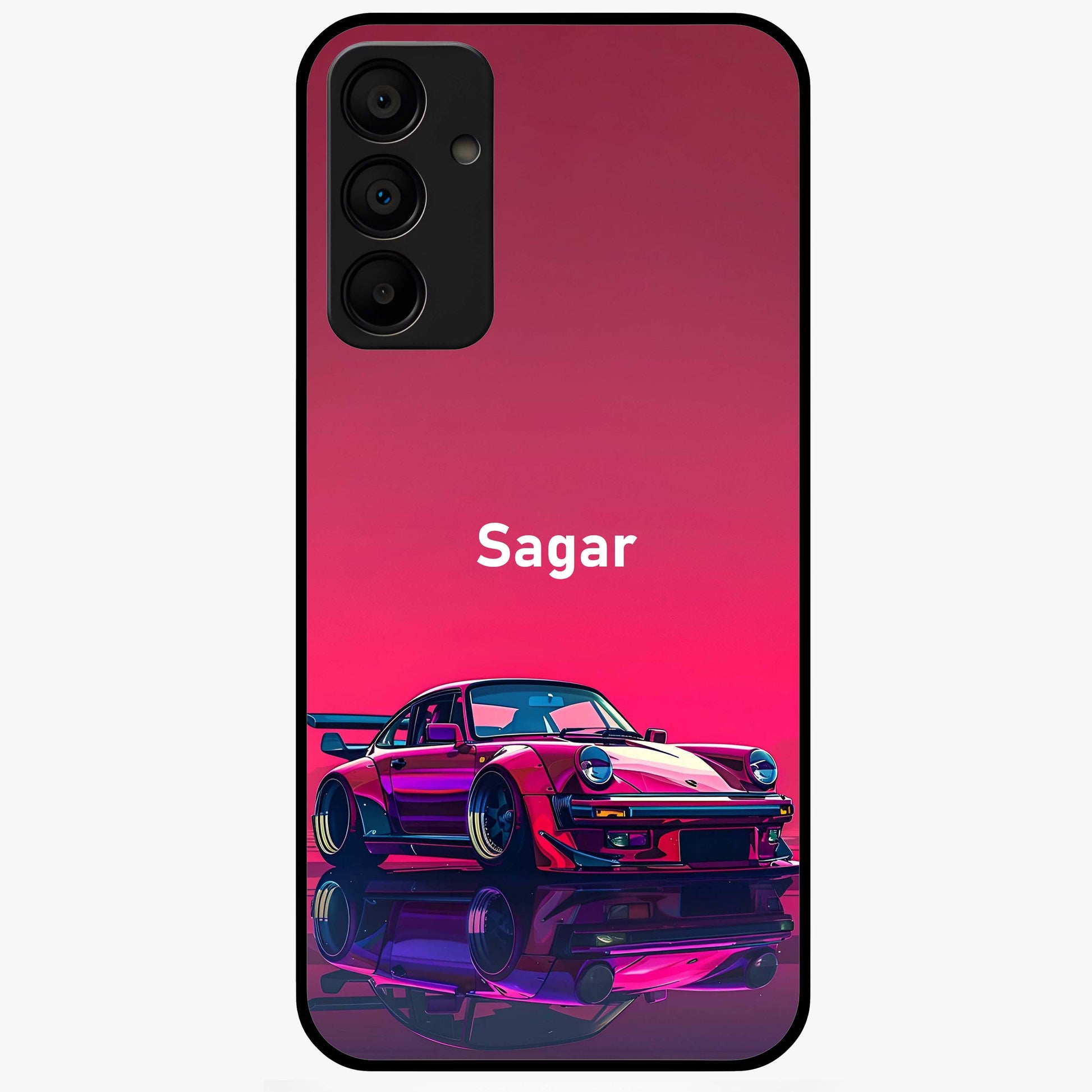 Neon Pink Porsche Glass Case showing flat back view with stylish sports car artwork and glossy glass finish.