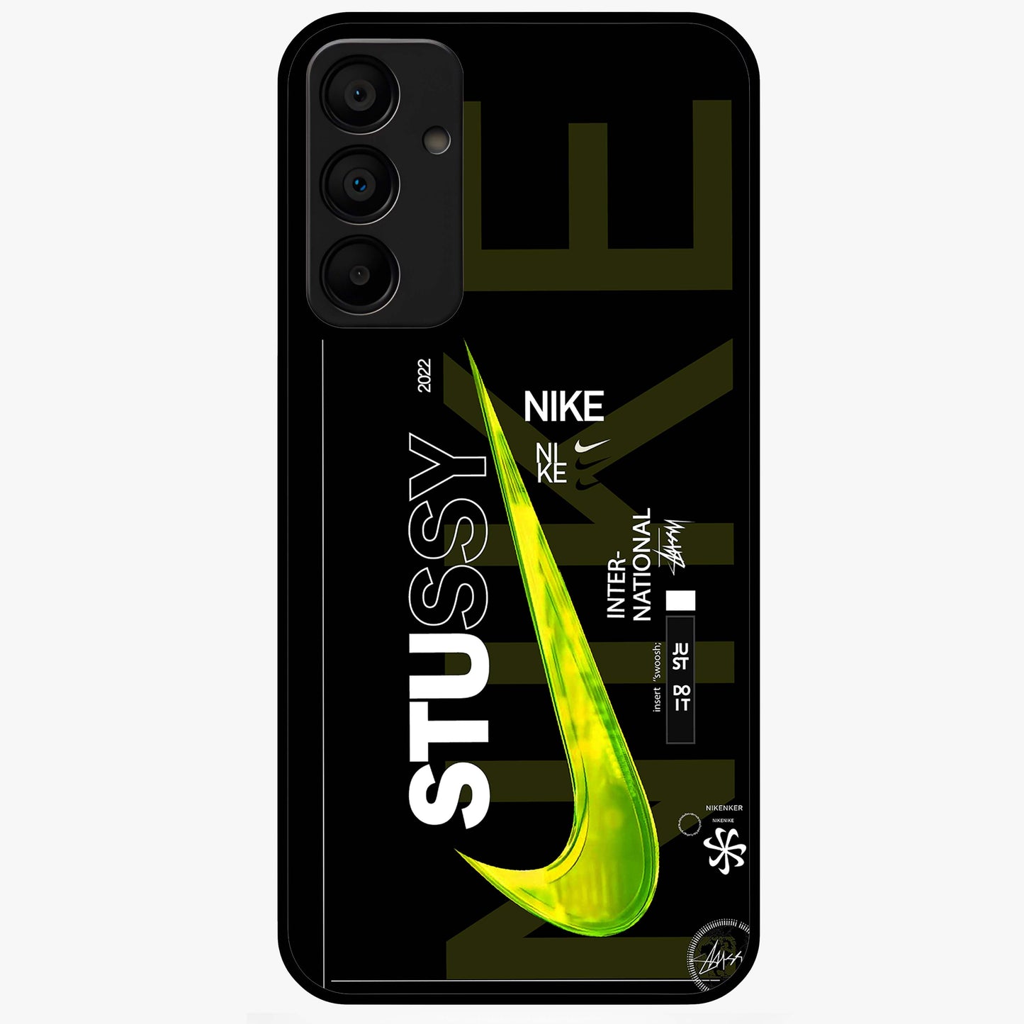 Neon Street Edition Glass Case showing flat back view with neon street style artwork and glossy glass finish.