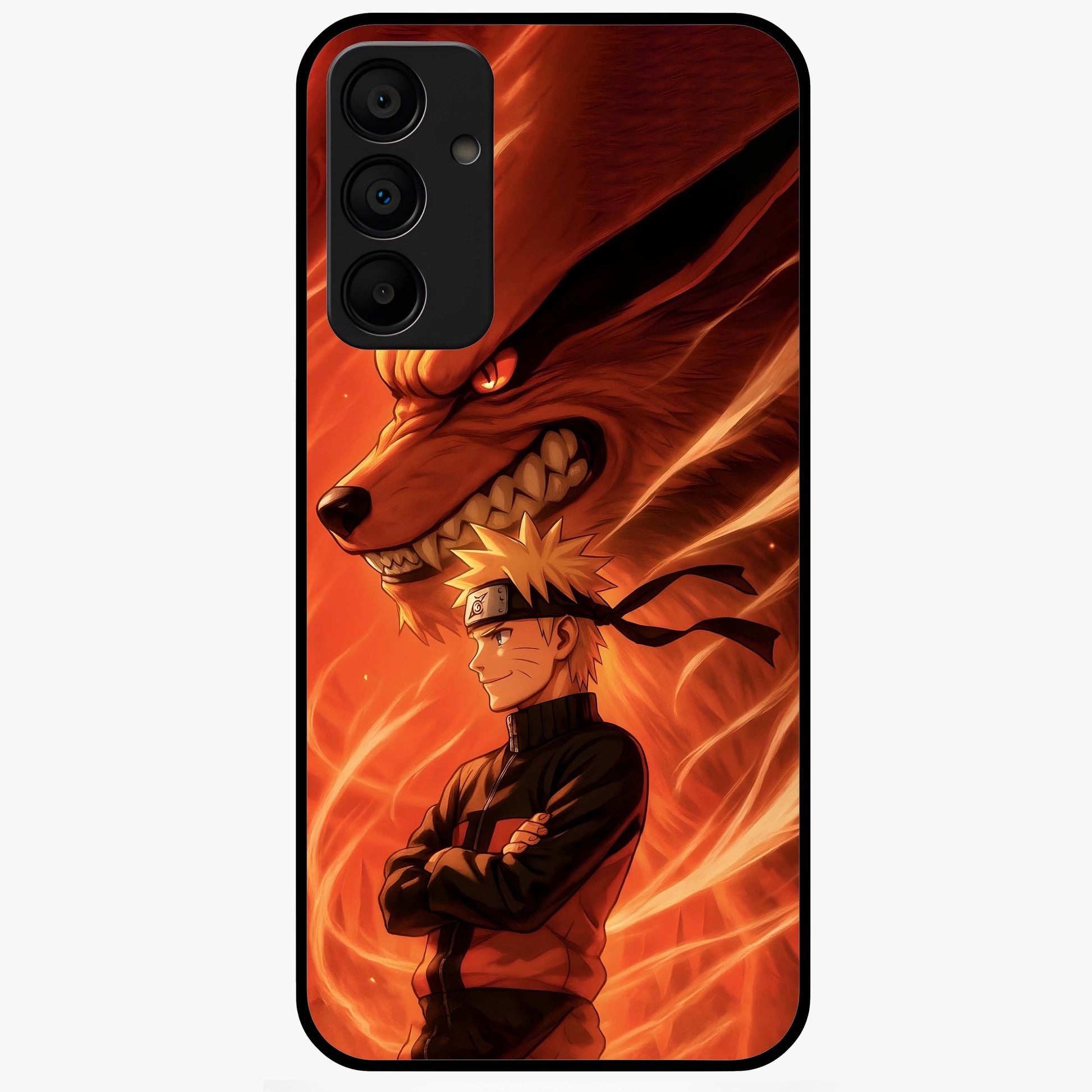 Nine Tails Legacy Glass Case showing flat back view with powerful nine-tailed fox inspired artwork and glossy glass finish.
