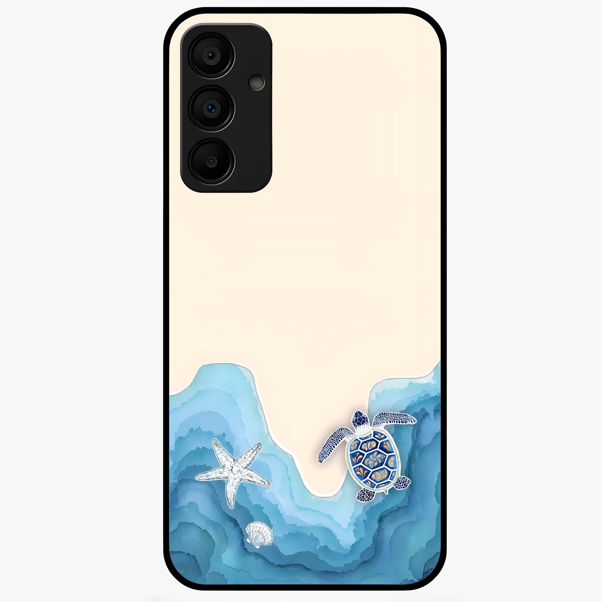 Ocean Drift Turtle Glass Case showing flat back view with sea turtle artwork and glossy glass finish.