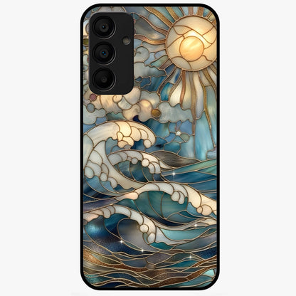 Oceanic Stained Printed Glass Case showing flat back view with ocean inspired stained pattern artwork and glossy glass finish.