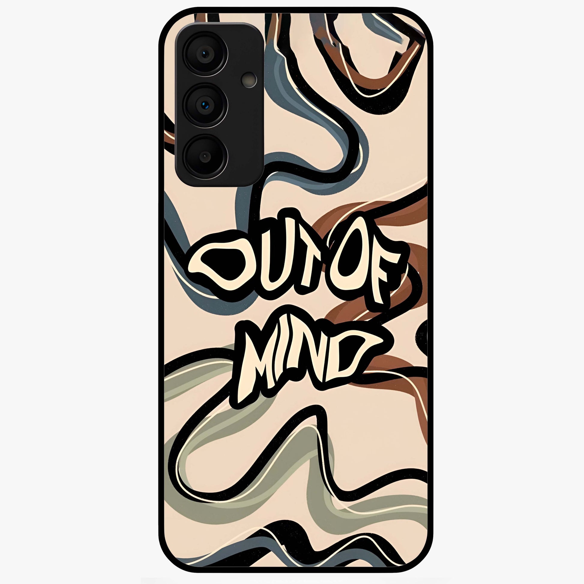 Out Of Mind Glass Case showing flat back view with expressive typography artwork and glossy glass finish.