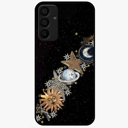 Pearls Universe Object Glass Case showing flat back view with pearl inspired cosmic artwork and glossy glass finish.