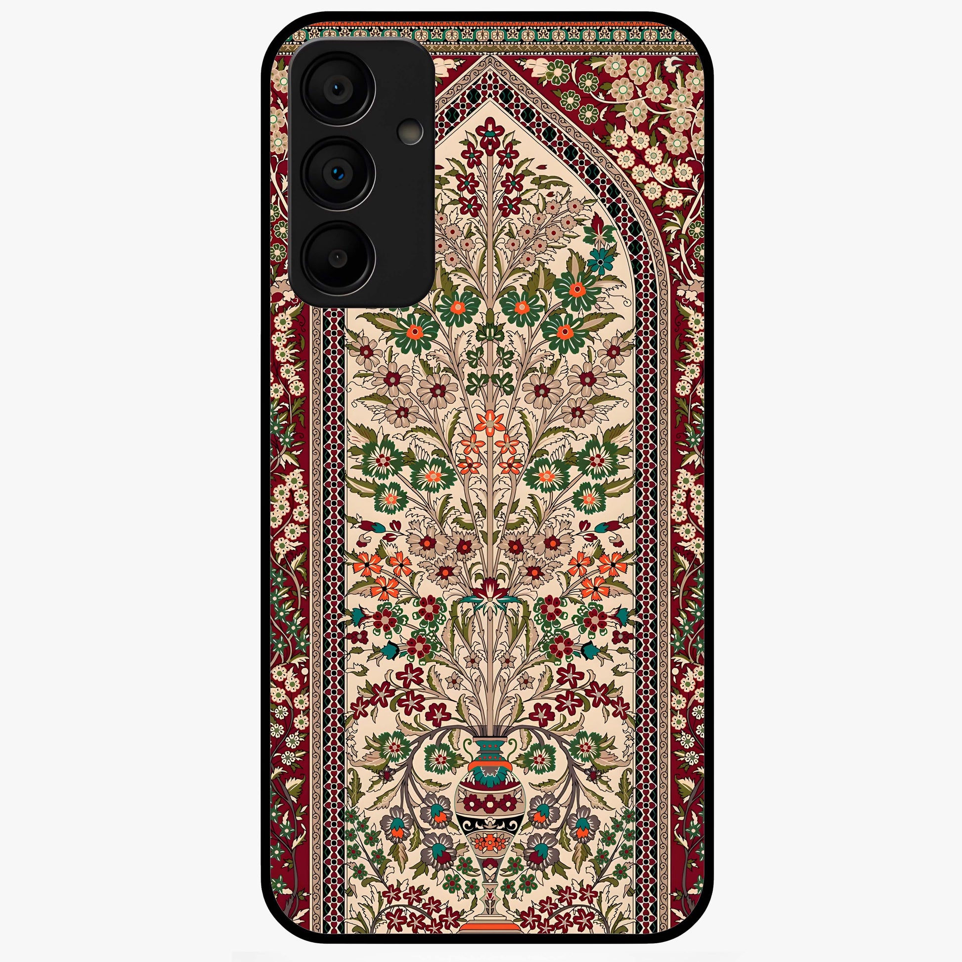 Persian Inspired Glass Case showing flat back view with ornate Persian style pattern artwork and glossy glass finish.