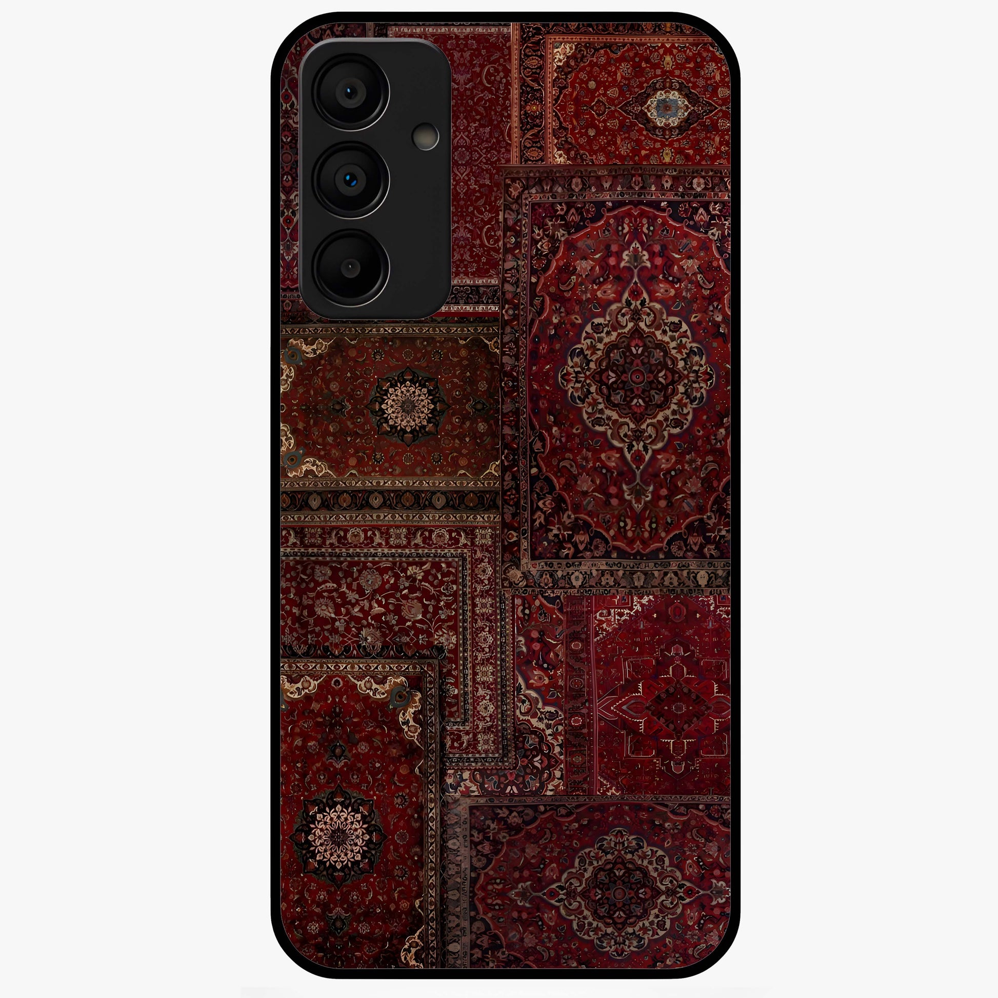 Persian Velvet Tale Glass Case showing flat back view with luxurious Persian velvet pattern artwork and glossy glass finish.