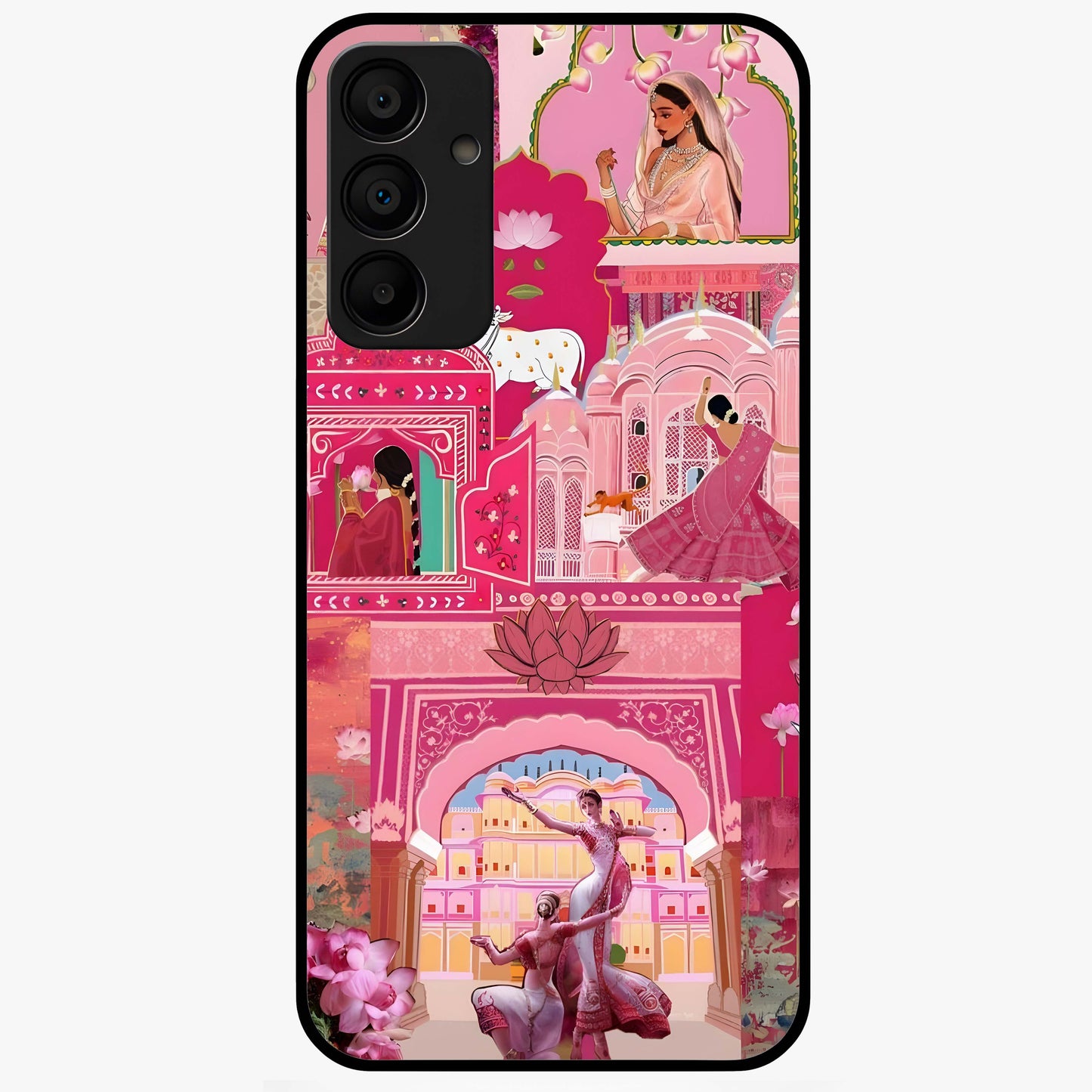 Pink Palace Muse Glass Case showing flat back view with elegant palace inspired artwork and glossy glass finish.