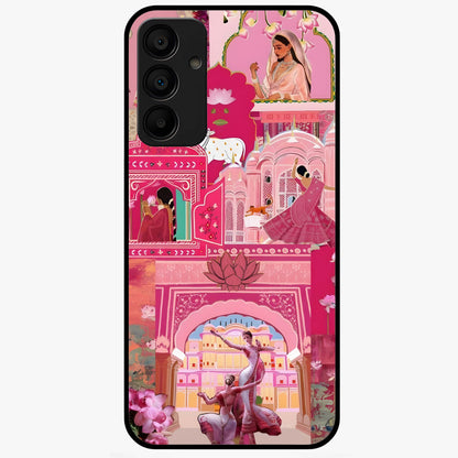 Pink Palace Muse Glass Case showing flat back view with elegant palace inspired artwork and glossy glass finish.