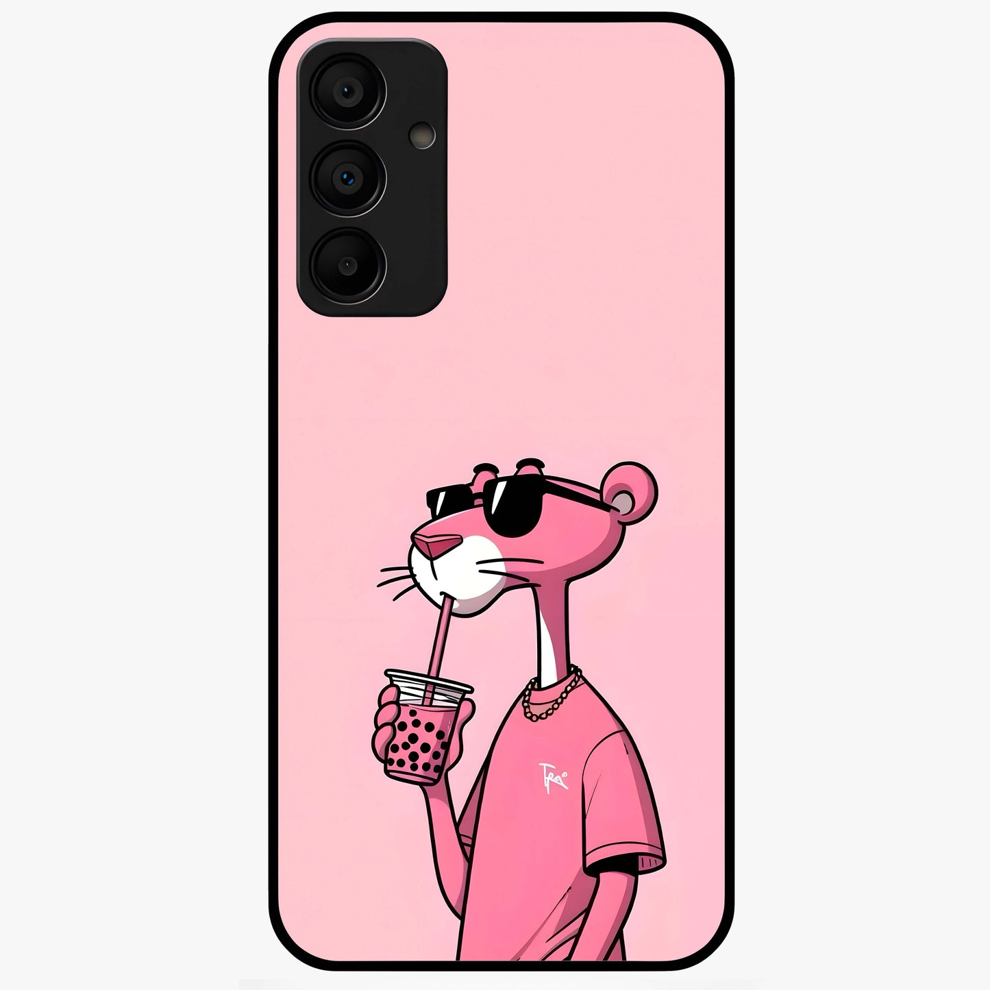 Pink Panther Glass Case showing flat back view with iconic pink panther artwork and glossy glass finish.