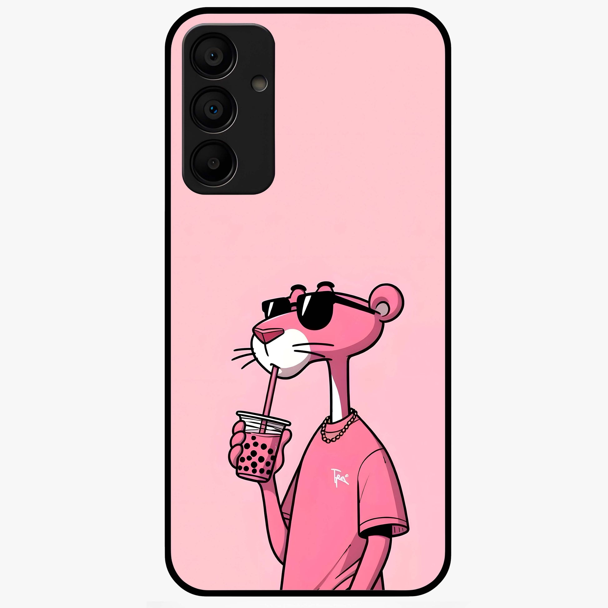 Pink Panther Glass Case showing flat back view with iconic pink panther artwork and glossy glass finish.