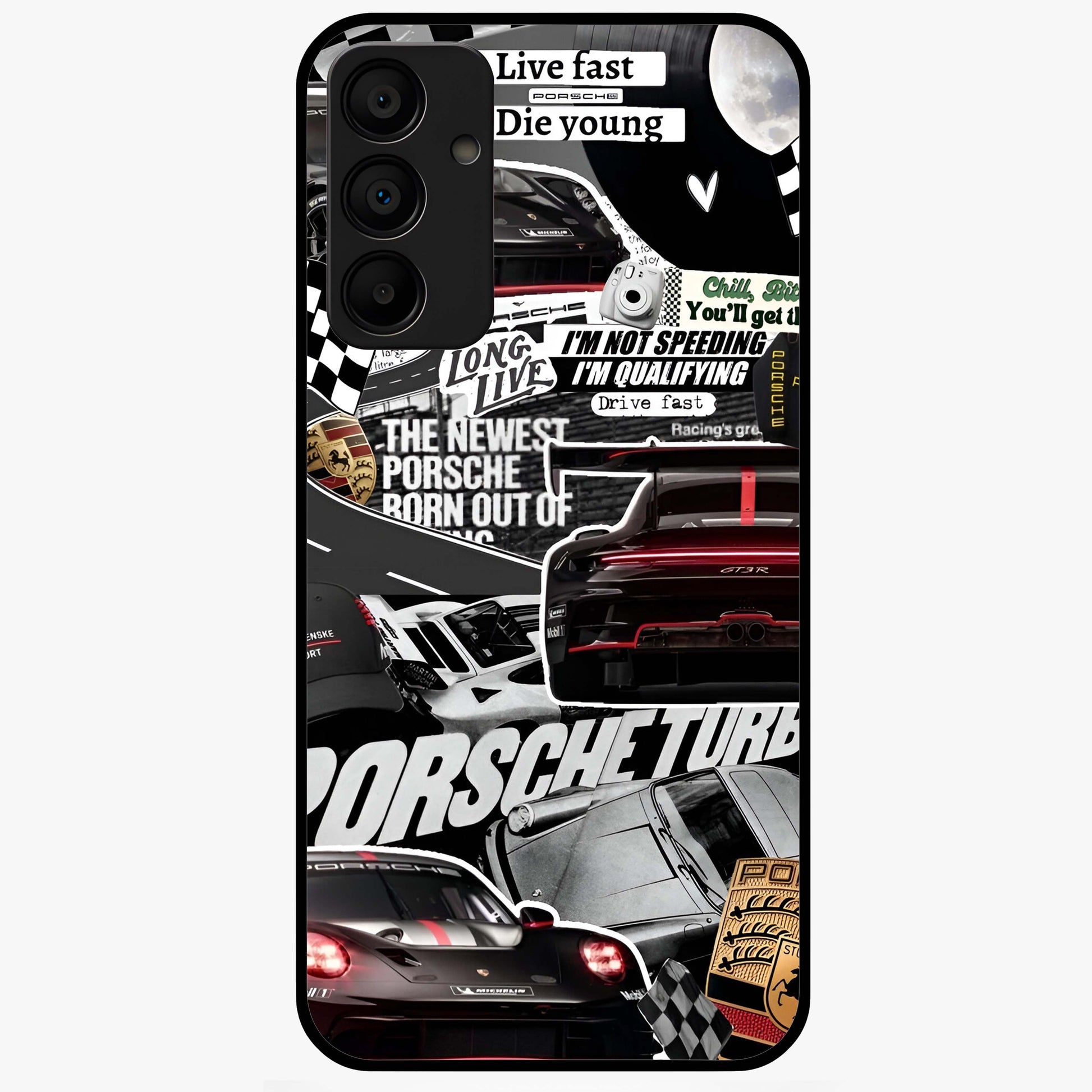 Porsche Racing Collage Glass Case showing flat back view with sports car racing collage artwork and glossy glass finish.