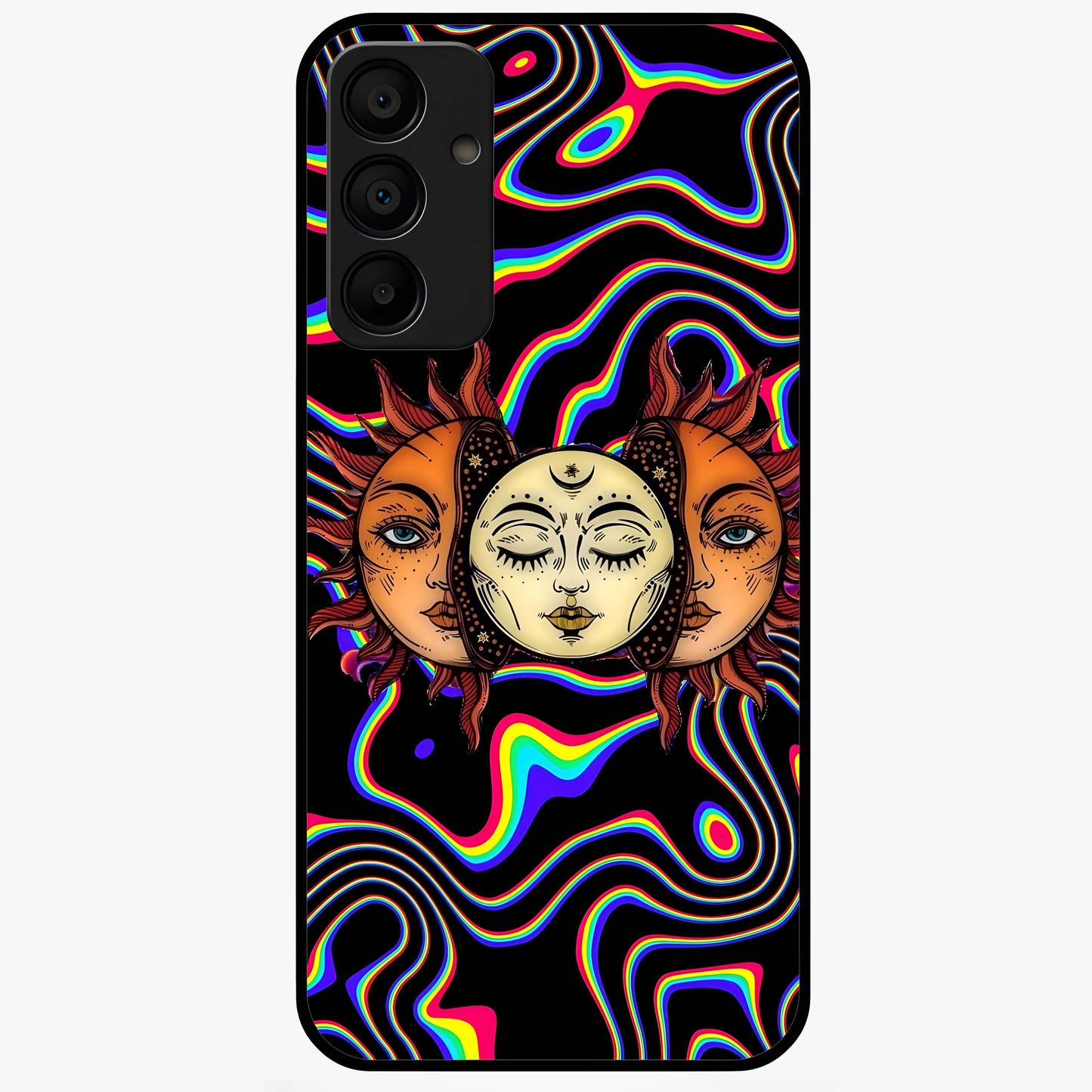 Psychedelic Sun Glass Case showing flat back view with colorful psychedelic sun artwork and glossy glass finish.