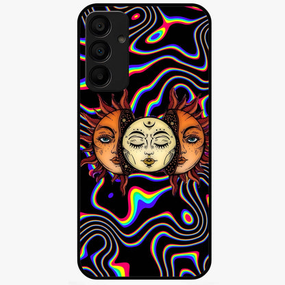 Psychedelic Sun Glass Case showing flat back view with colorful psychedelic sun artwork and glossy glass finish.