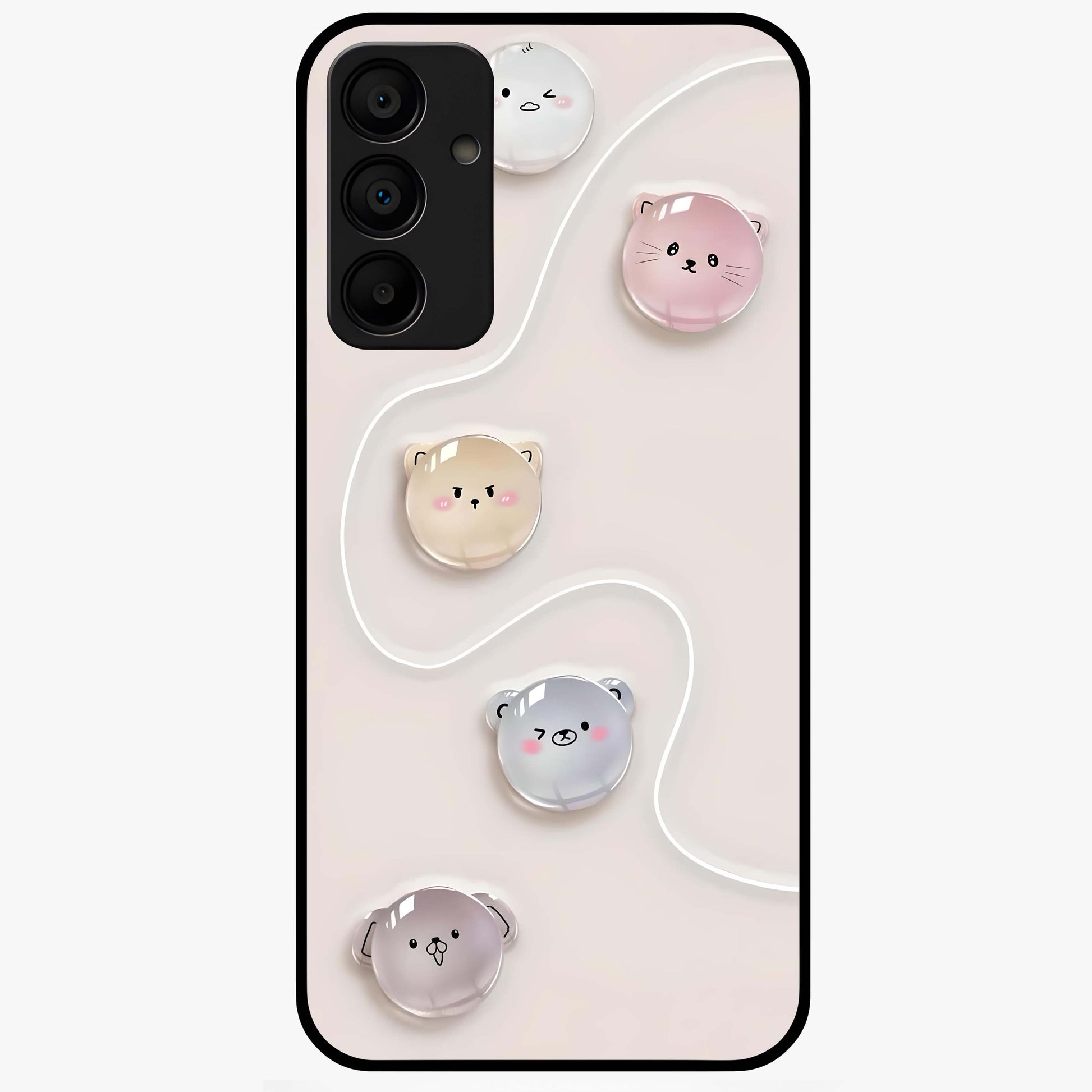 Puffy Face Parade Glass Case showing flat back view with cute puffy character faces artwork and glossy glass finish.