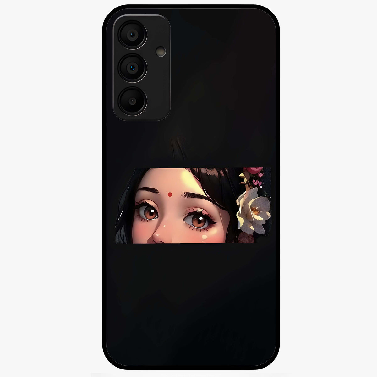 Radha Divine Embrace Glass Case showing flat back view with devotional Radha artwork and glossy glass finish.