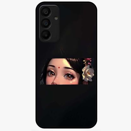 Radha Divine Embrace Glass Case showing flat back view with devotional Radha artwork and glossy glass finish.