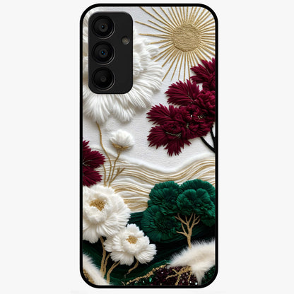 Radiant Bloom Elegance Glass Case showing flat back view with elegant blooming flower artwork and glossy glass finish.