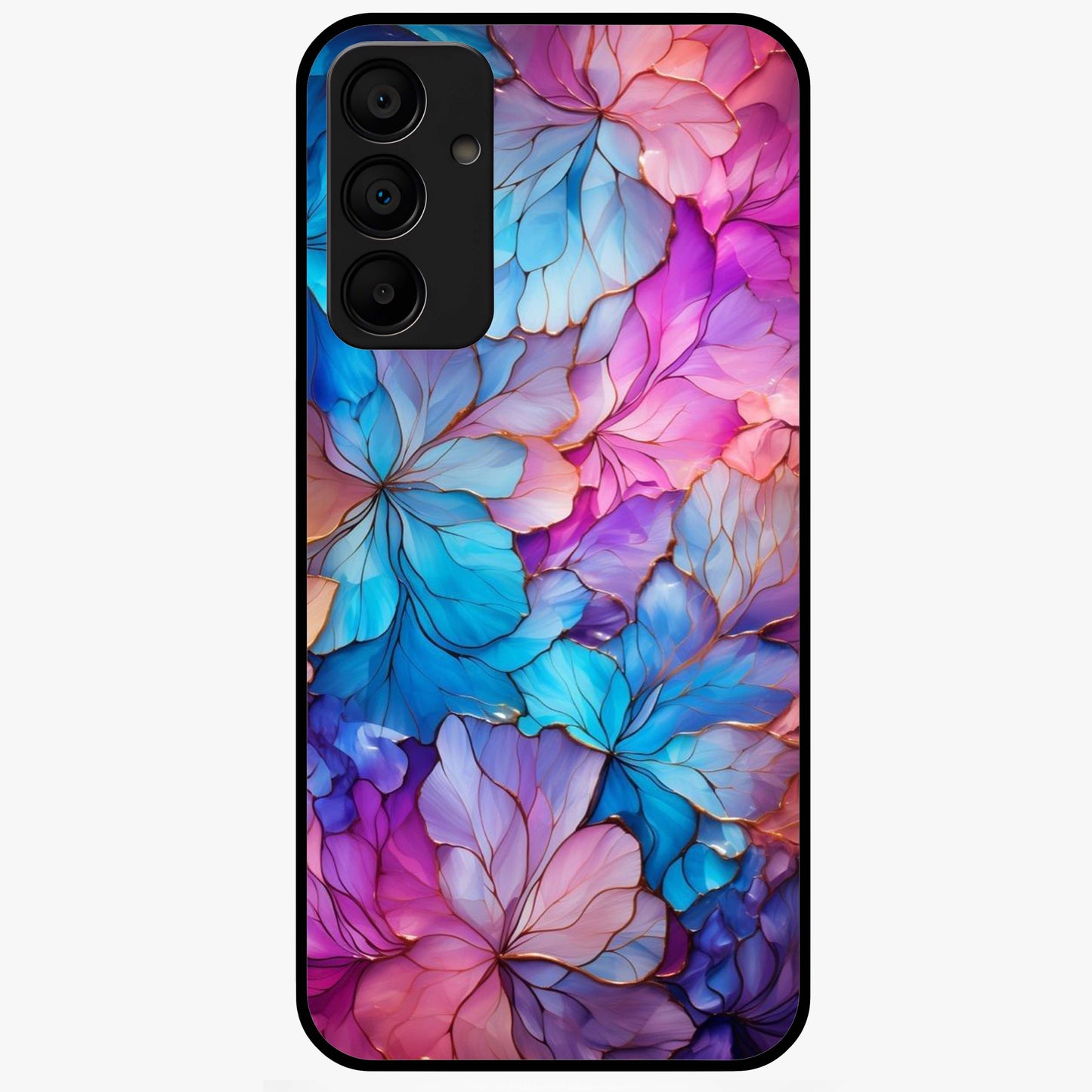Radiant Floral Whirl Glass Case showing flat back view with swirling floral artwork and glossy glass finish.