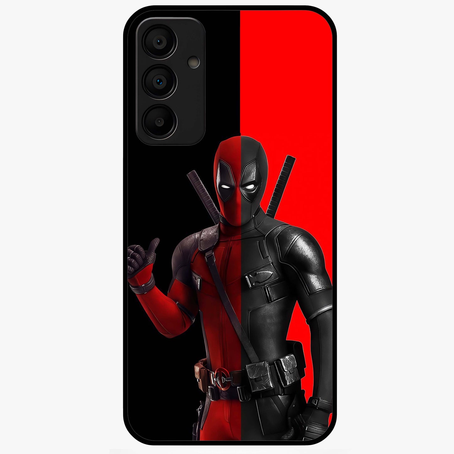 Red & Black Deadpool Theme Glass Case showing flat back view with bold comic inspired artwork and glossy glass finish.