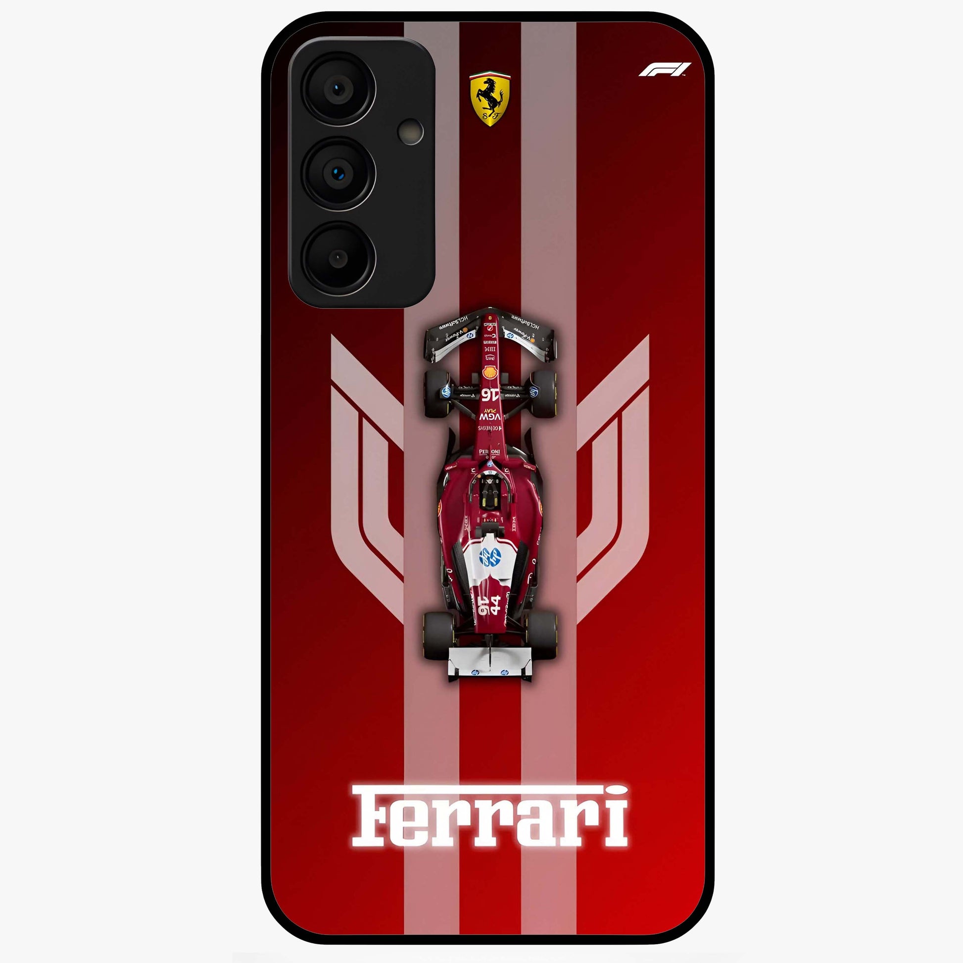 Red Ferrari F1 Vertical Glass Case showing flat back view with sleek Formula racing car artwork and glossy glass finish.