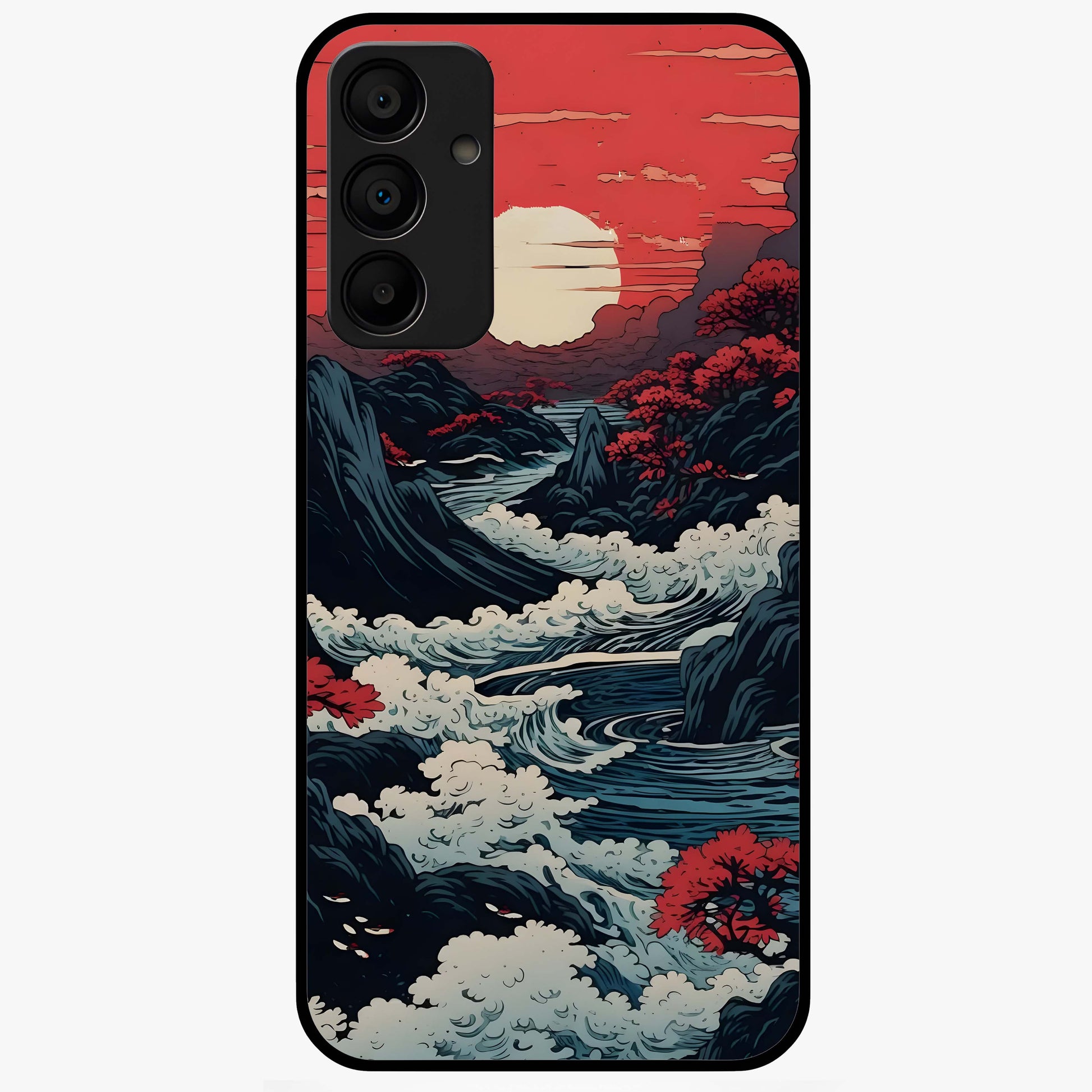 Red Sunset Scenery Glass Case showing flat back view with vibrant sunset landscape artwork and glossy glass finish.