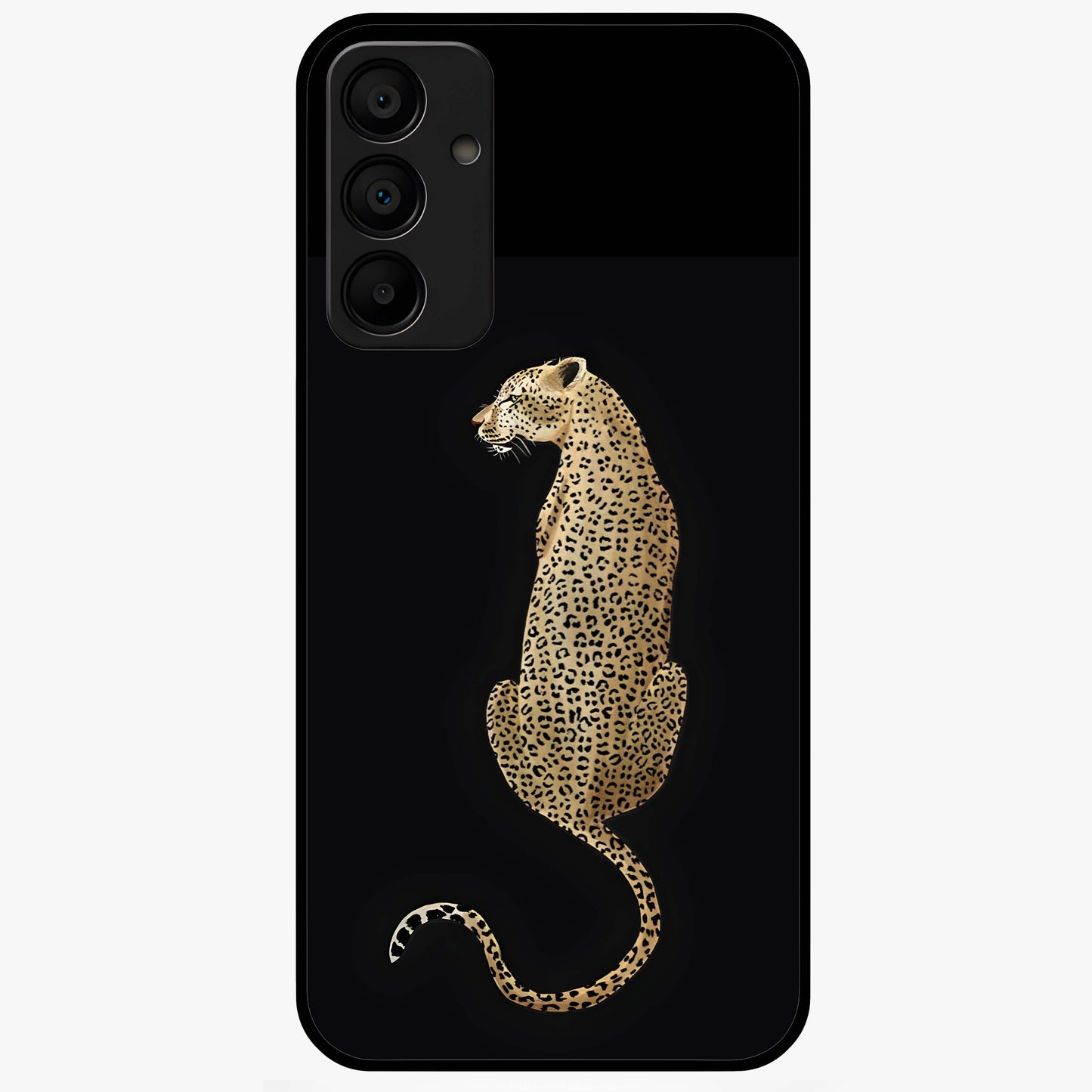 Regal Leopard Glass Case showing flat back view with bold leopard artwork and glossy glass finish.