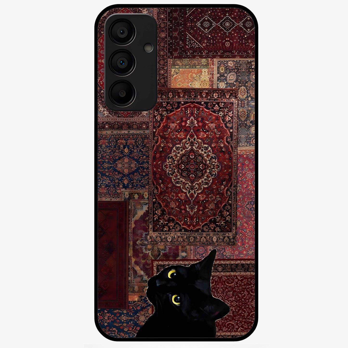 Regal Magic Cat Apple Glass Case showing flat back view with magical cat artwork holding apple and glossy glass finish.