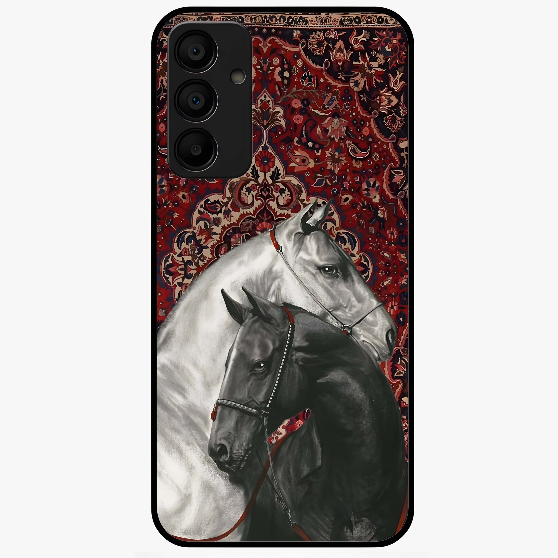 Regal Stallion Tapestry Glass Case showing flat back view with majestic horse tapestry artwork and glossy glass finish.