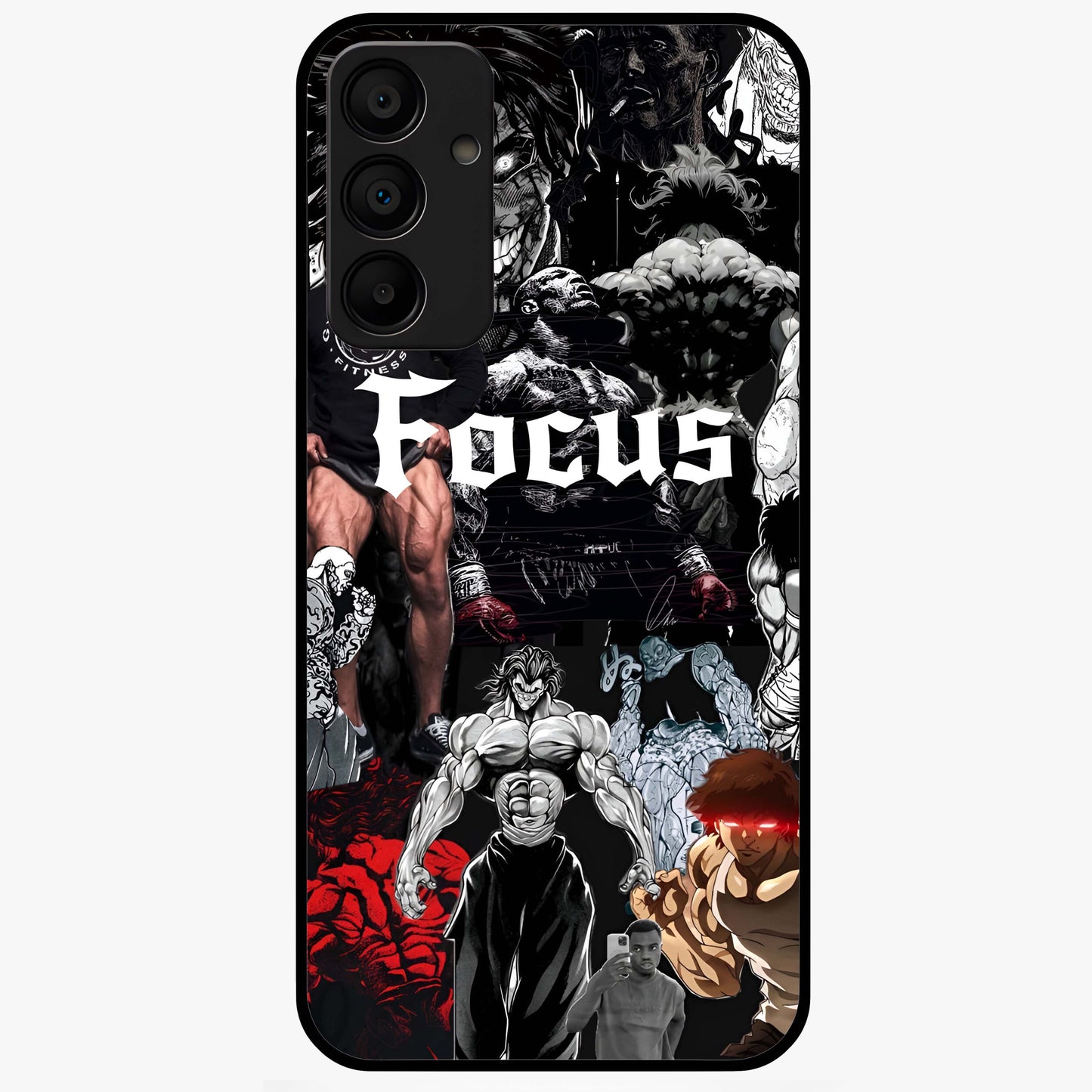 Relentless Power Focus Glass Case showing flat back view with motivational typography artwork and glossy glass finish.