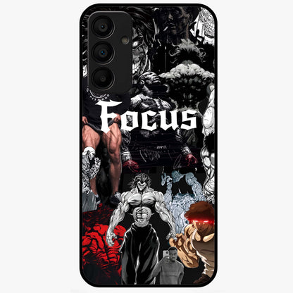 Relentless Power Focus Glass Case showing flat back view with motivational typography artwork and glossy glass finish.