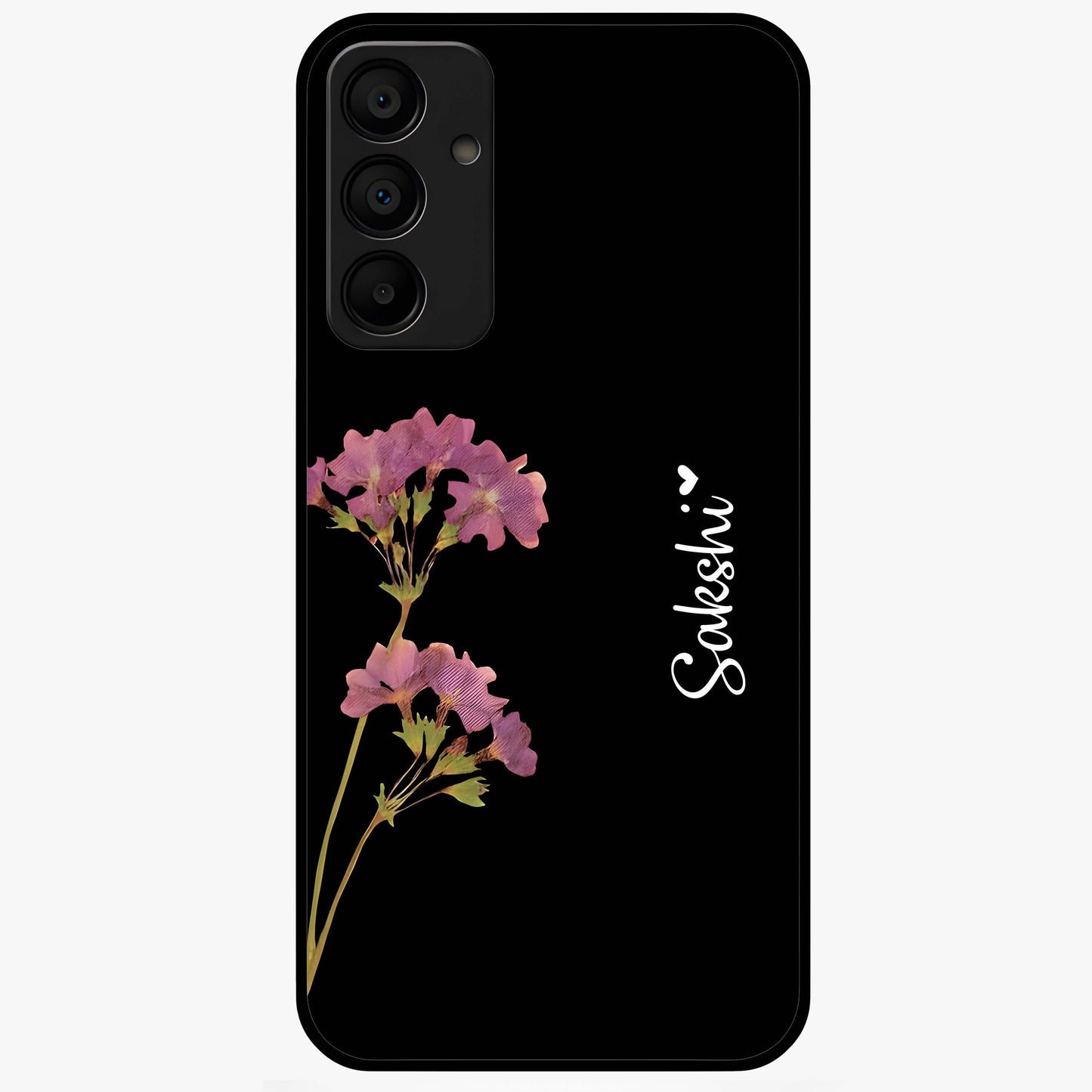 Riching Lavender Flower Custom Name Glass Case showing flat back view with lavender floral artwork and personalized name design.