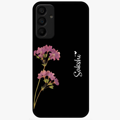 Riching Lavender Flower Custom Name Glass Case showing flat back view with lavender floral artwork and personalized name design.