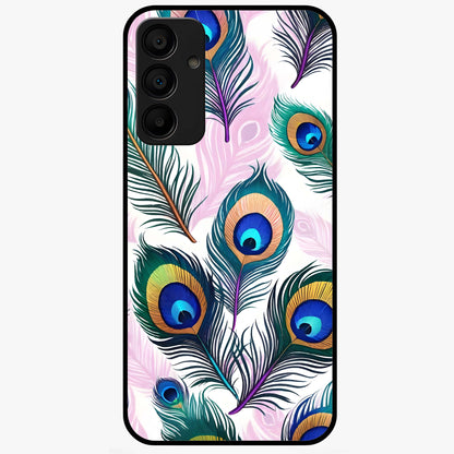 Royal Peacock Feathers Glass Case showing flat back view with colorful peacock feather artwork and glossy glass finish.