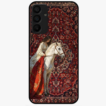 Royal Rider Tapestry Glass Case showing flat back view with majestic horse rider tapestry artwork and glossy glass finish.